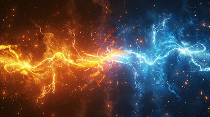 Aufkleber - Power battle with impulse waves, blue vs yellow lightning thunder bolts. Glowing electric shock effect, light flash. Modern illustration.