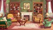An old lounge room with antique wooden furniture and a cup of tea on a table. Modern cartoon illustration of a Victorian living room with sofa, armchair, fireplace, and bookcase.