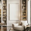 A sophisticated library, floor-to-ceiling bookshelves, and a white frame mockup above a reading nook, awaiting a classic literary quote. 