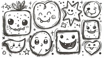 Sticker - A modern set of cute cartoony expression sign doodle line strokes. movement drawing, curve directional arrows, emoticons effects design elements, cartoon character emotion symbols, etc.