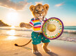 Cute Lion Boy Holding a Colorful Wide Brim Hat Dancing on the Sandy Beach