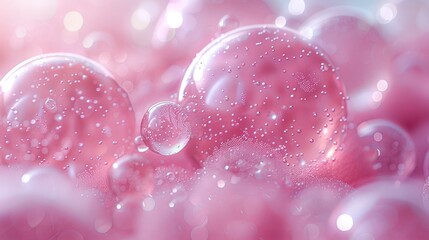 Poster - Collagen bubbles. Sparkling bubble gum on a pink background. Floating bubbles.