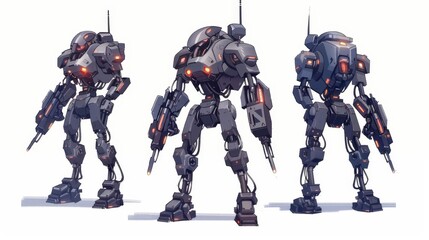 Poster - A cartoon modern illustration of robotic transformers, robotics, artificial intelligence, exoskeleton characters, and alien cybernetic warriors battling.