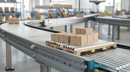 Aufkleber - A conveyor belt with cardboard boxes at a factory, plant or warehouse. Isolated modern illustration of a production line with product packages.