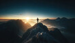 © CHOI POO - a lone adventurer standing on a mountain peak at dawn