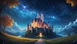 A majestic fantasy castle stands under a starry night sky, its turrets and spires bathed in warm light, creating a scene of magical allure. AI Generation