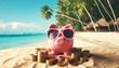 a pink piggy bank wearing sunglasses, sitting on a sandy beach next to a pile of gold coins