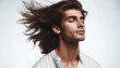 © CHOI POO - a male model with long, flowing hair tossed back. The model should have a relaxed posture with eyes closed