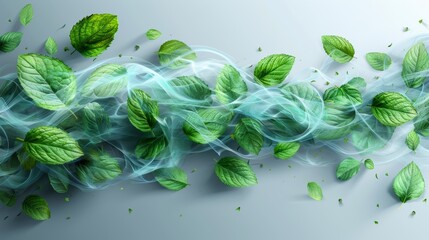 Sticker - With flying green leaves, a blue wind flows, air flows, and waves. Modern illustration of a fresh wind motion with mint leaves isolated on transparent background.