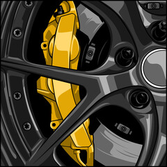 vector illustration of black car rims with gold brake pads