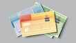 Modern realistic set of purchase bills. Packed invoices with binder clips isolated on gray background. Shopping checks with binder clips.