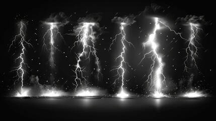 Aufkleber - Night thunderstorm rays, electric charge, and thunder strike isolated modern set.