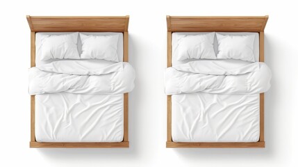 Wall Mural - An isolated white background with wooden beds with white linen, pillows, and duvets. Modern realistic mock-up of blank linen on wood beds, 3d furniture for sleeping.