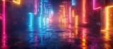 Fototapeta  - Neon reflections on wet city streets at night