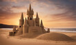 large castle on the beach at sunset