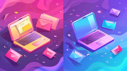 Poster - Transferring files between computers, digital archives, and databases. Modern landing page with isometric laptops.