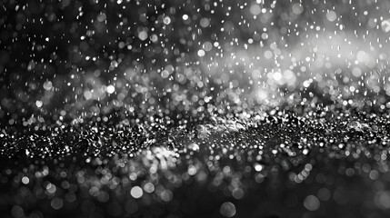 Poster - An overlay effect of rain and fog on a black background, with abstract splashes of snow and rain, without motion, with white particles frozen in motion.