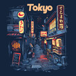 A poster of Tokyo with neon lights and signs. The poster is blue and has a lot of detail