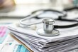 © Ifti Digital - Stack of Papers With a Stethoscope on Top, A stainless steel stethoscope casually placed on a stack of medical reports, AI Generated