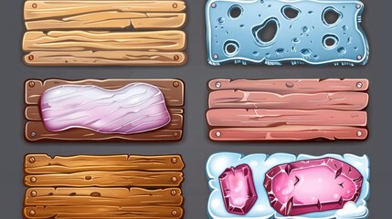 Poster - 2d isolated set of textured gui graphic design elements ice, wooden, stone, metal and cheese with pi