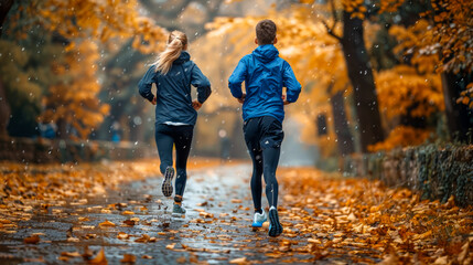 Wall Mural - Healthy lifestyle: active young people jogging in the park