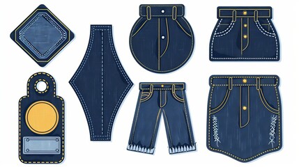 Wall Mural - Textile labels with blue jeans fabric texture. Modern illustration of fashionable tags from a blue canvas material with yellow stitches and rivets.