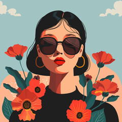 Wall Mural - A woman wearing sunglasses and a red lipstick is surrounded by red flowers. The flowers are in various sizes and are scattered around her. Scene is playful and fun, with the woman looking confident