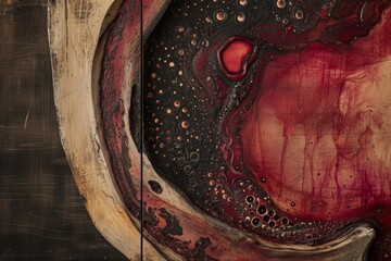 Poster - This close up photograph captures the intricate details of a piece of art featuring red and black paint, A stylized cross-section of a bruised body part, AI Generated