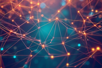 Poster - A vibrant blue and yellow background featuring intersecting lines and scattered dots, A stylized, minimal depiction of a network hub, AI Generated