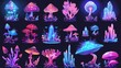Isolated set of fantasy mushrooms, flowers, and trees. Unusual nature elements, fairy tale or extraterrestrial flora. Cartoon modern illustration.
