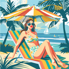 Wall Mural - A woman is sitting on a beach chair under an umbrella. She is wearing a bikini and sunglasses. The scene is set on a sunny day at the beach