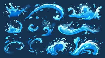 Poster - Modern cartoon set of flowing water streams, tide, falling aqua, and burst effect with splat isolated on a blue background.