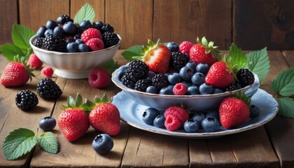 Wall Mural - Two bowls filled with a mix of strawberries, blueberries, raspberries, and blackberries on a rustic table.. AI Generation