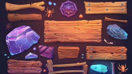 Poster - Game interface design: wooden boards with buttons, menu, assets and frames. Modern cartoon set of UI elements in Halloween style, panels with settings, options, sliders and bars with spiderwebs.