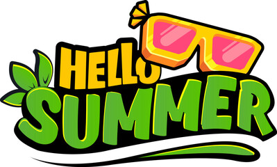 Wall Mural - Hello summer vector lettering text with vintage retro yellow sunglasses isolated on white background. Hello summer label, icon, print, banner design template with funny cartoon sunglasses, summer vibe