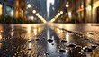 background of raindrops on asphalt with beautiful reflection of urban lights at night generatrive ai