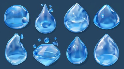 Poster - Isolated droplets of pure aqua, blue cosmetic serum, and puddles on transparent background, modern realistic set.