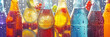 Lots of bottles of cold fruit water, tea or sodas with large drops of condensation on them. A refreshing drink. Illustration for cover, interior design, brochure, advertising, marketing, presentation.