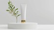 Beauty product blank container mockup presented in a 3D rendering. A white cosmetic cream tube with golden cap is placed on a pedestal on a white background.