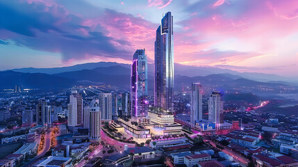 Wall Mural - Dramatic Aerial Cityscape at Twilight, Showcasing the Architectural Majesty and Urban Pulse of a Modern Metropolis