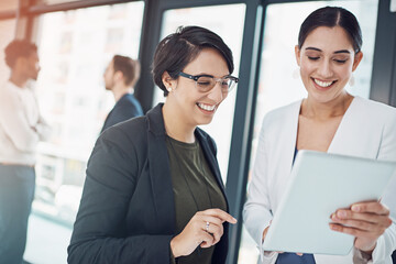 Poster - Happy, business and woman in office with tablet for meeting for planning, research and ideas with wireless technology. , People, staff and working on pc for teamwork for finance report on company