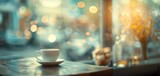 Fototapeta  - Morning coffee cup on a rustic wooden table with soft-focus background of a cafe.