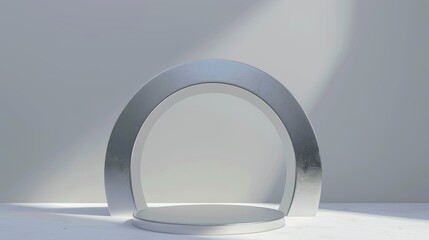 Poster - A 3D render on a minimal abstract background is focused on a silver arch with a clean style. An empty cylinder podium, an empty pedestal, a round stage, a showcase stand, blank product displays and