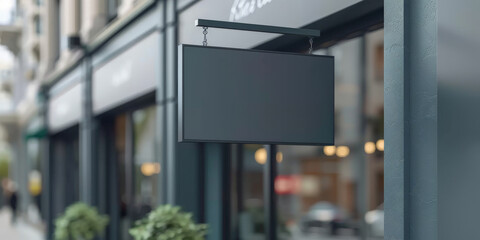 Canvas Print - Dark grey hanging blank sign on brick wall in front of blurred street background,blank black hanging sign on building, Mock up of a black blank empty square Signboard for store, cafe, restaurant name 