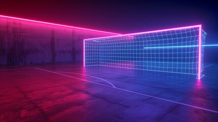 a 3d render of a virtual neon football playground, virtual soccer field gate perspective angle view,