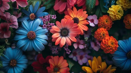 Canvas Print - Colorful flowers and green leaves close-up