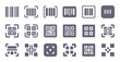 Barcode glyph flat icons. Vector solid pictogram set included icon as QR code, price label, sticker for scan silhouette illustration for distribution.