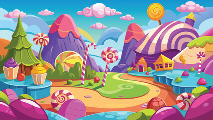 Whimsical candy land with sweet treats, Fantasy landscape vector cartoon illustration.