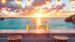Elegant Evening by the Sea, Where Candlelit Tables Offer a Romantic Setting Against the Symphony of Waves and Sunset