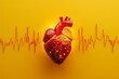 Conceptual image of a vibrant heart with an ECG line on a yellow background